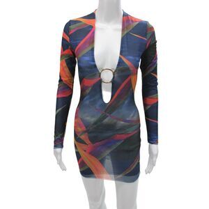 Louisa Ballou Womens Bodycon Mini Dress Dark Blue Long Sleeve V-Neck Size S